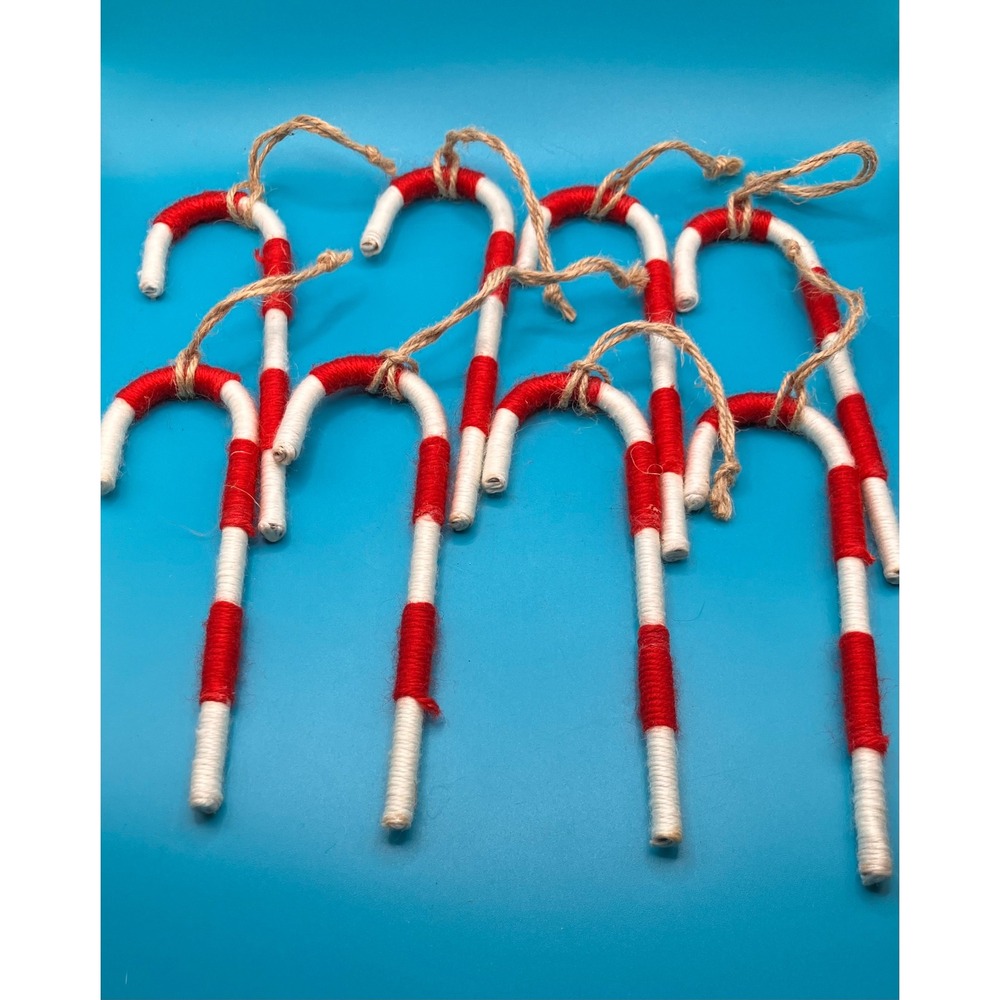 Handmade Candy Cane Ornaments Set of 8 Red White Yarn Wrapped 6" Rustic Heavy
